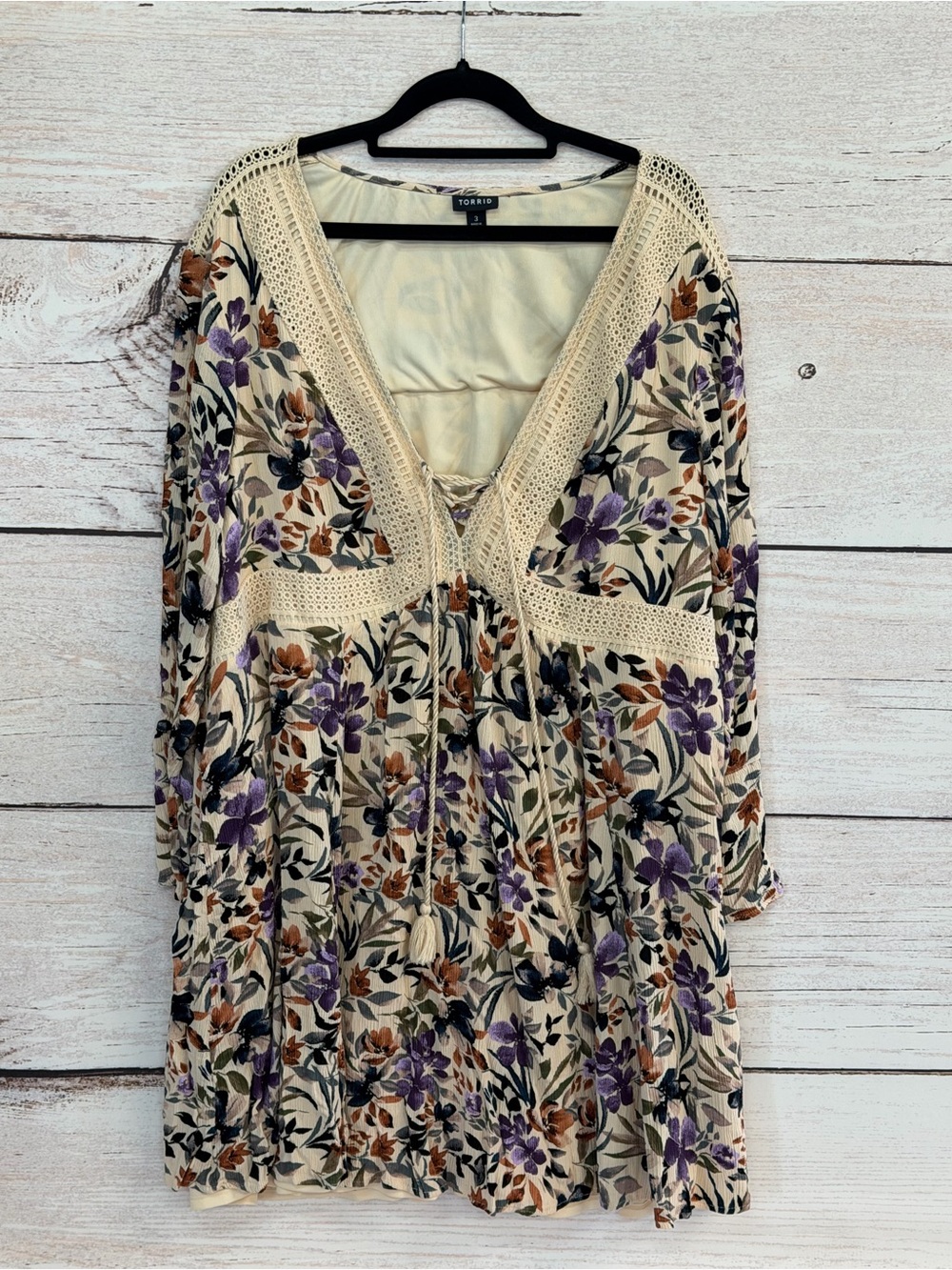 Torrid Cream Floral Crochet Trim Dress with Purple & Brown Flowers